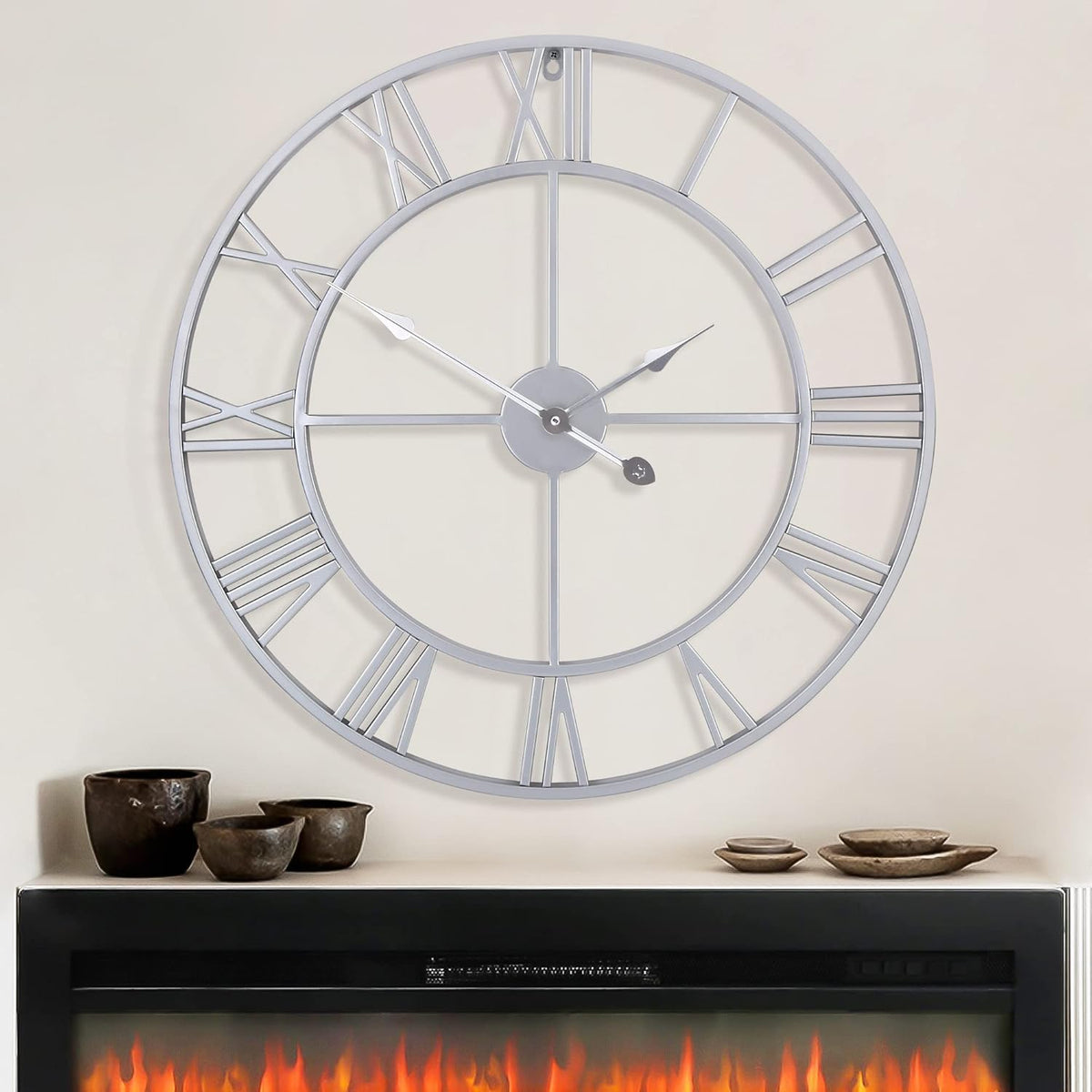 LEIKE 32" Large Modern Wall Clocks,Vintage,Round,Nearly Silent,Little Ticking,Battery Operated,Silver Metal Roman Numerals Clock for Living Room/Bedroom/Kitchen Wall Decor