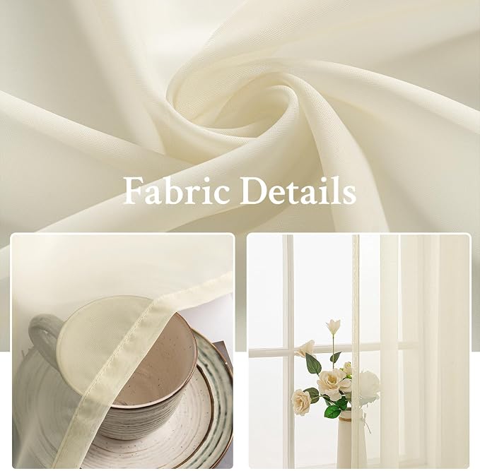 MIULEE Light Cream Sheer Curtains 54 X 63 Inches, 2 Panels | Solid Color - Image 3