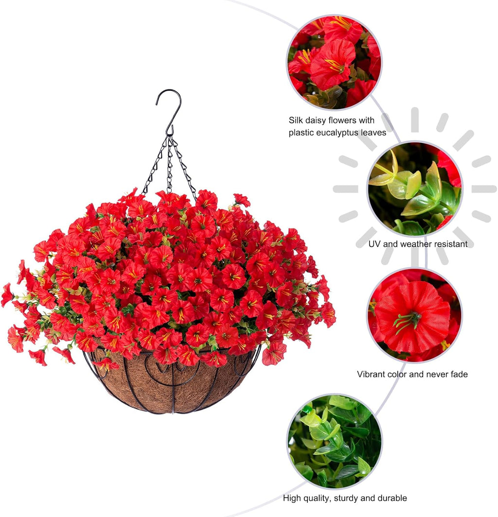 Ivydale Artificial Faux Hanging Flowers Plants Baskets for Outdoors Outside Spring Decoration, Fake Silk Red Morning Glory UV Resistant Look Real for Front Door Porch Patio Balcony Yard Garden Home