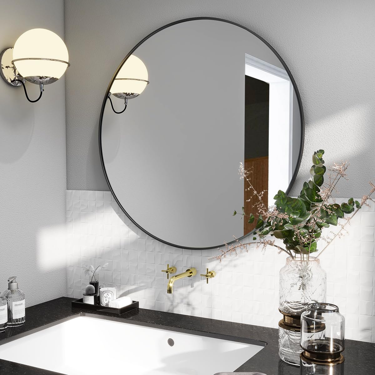 BEAUTYPEAK 20 Inch Round Mirror, Metal Frame Circle Mirror, Wall Mounted for Entryway, Bathroom, Vanity, Living Room, Black