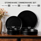 Onader Stoneware Dinnerware Set for 2 with Pasta Bowl, 8 Piece Plates and Bowls Dish Dinner Set, Microwave & Dishwasher Safe - Ebony Black