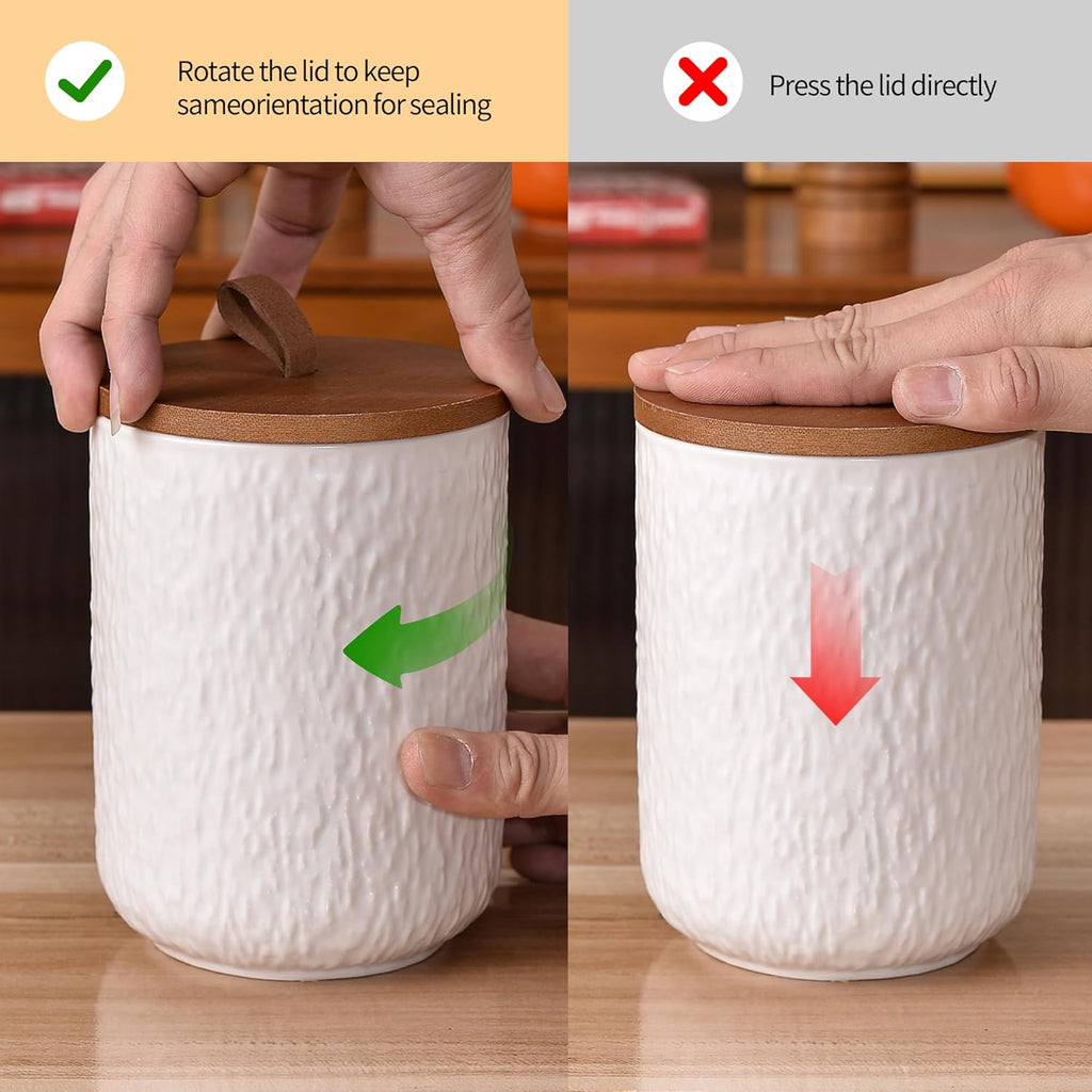JOJUNO White Ceramic Canister Set with Wooden Lid, 3-Piece Airtight Food Storage Jars for Kitchen Counter - Flour, Sugar, Coffee, Tea, Spice - Small, Medium, Large Sizes - Stone Texture