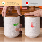 JOJUNO White Ceramic Canister Set with Wooden Lid, 3-Piece Airtight Food Storage Jars for Kitchen Counter - Flour, Sugar, Coffee, Tea, Spice - Small, Medium, Large Sizes - Stone Texture