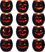 SHMILMH Halloween Table Centerpiece Candle Holders Set of 12, Black and Gold Glass Votive Holder with 6 Grimace, Tealight Holders Bulk for Halloween Party D?or