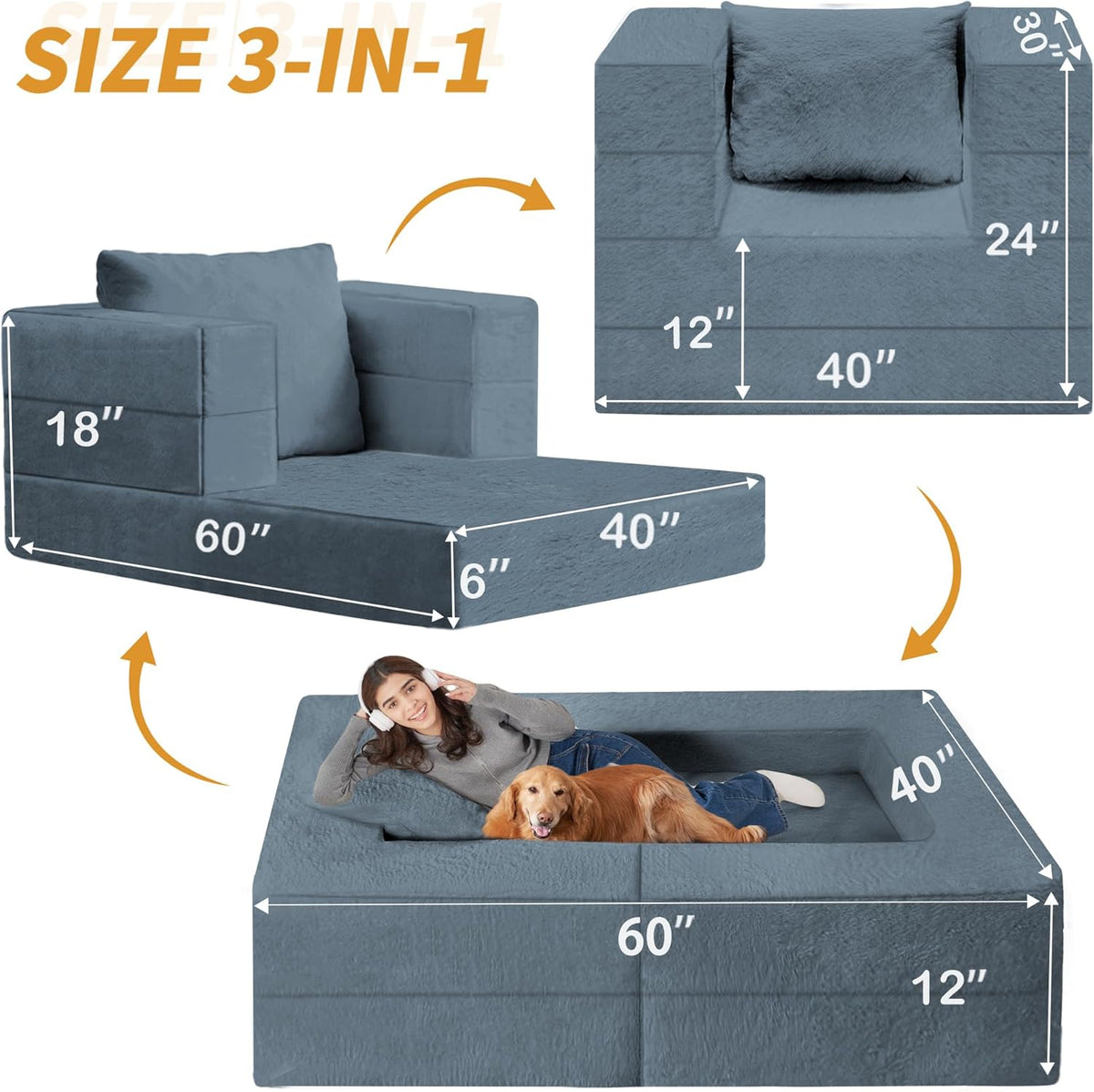 Folding Bean Bag Chair for Adults,3-in-1 Bean Bag Couch Faux Fur Floor Sofa Large Beanbag Convertible Bean Bag Sofa Bed with Pillow in Bedroom,Living Room,Apartment(Twin,Gray)