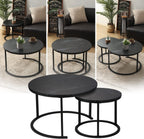 Round Modern Nesting Coffee Table Set of 2,Waterproof Faux Marble Wood Top & Metal Frame and Easy Assembly for Living Room,Office,Balcony (Black+Black