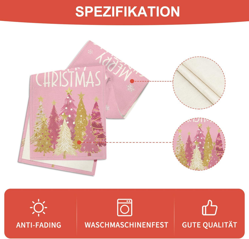 Artoid Mode Xmas Trees Snowflakes Pink Merry Christmas Table Runner, Winter Seasonal Kitchen Dining Table Decoration for Home Party Decor 13x108 Inch