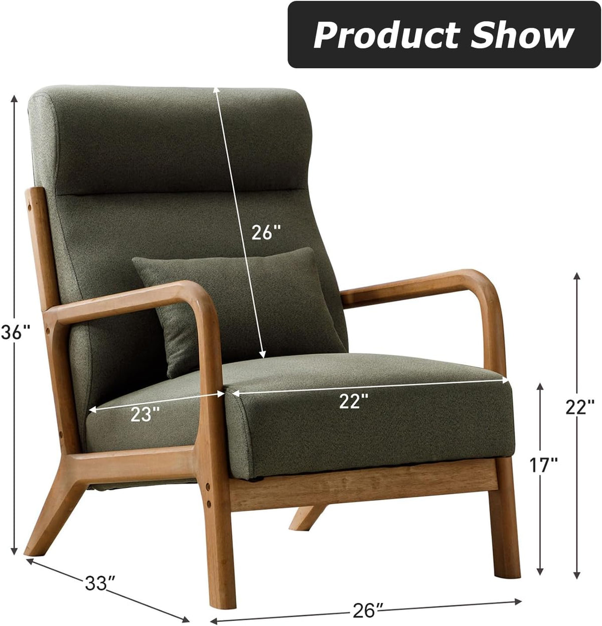 INZOY Mid Century Modern Accent Chair Set of 2, High Back Reading Armchair with Wood Frame, Upholstered Living Room Chairs with Waist Cushion, Single Lounge Arm Chair for Bedroom Sunroom, Green