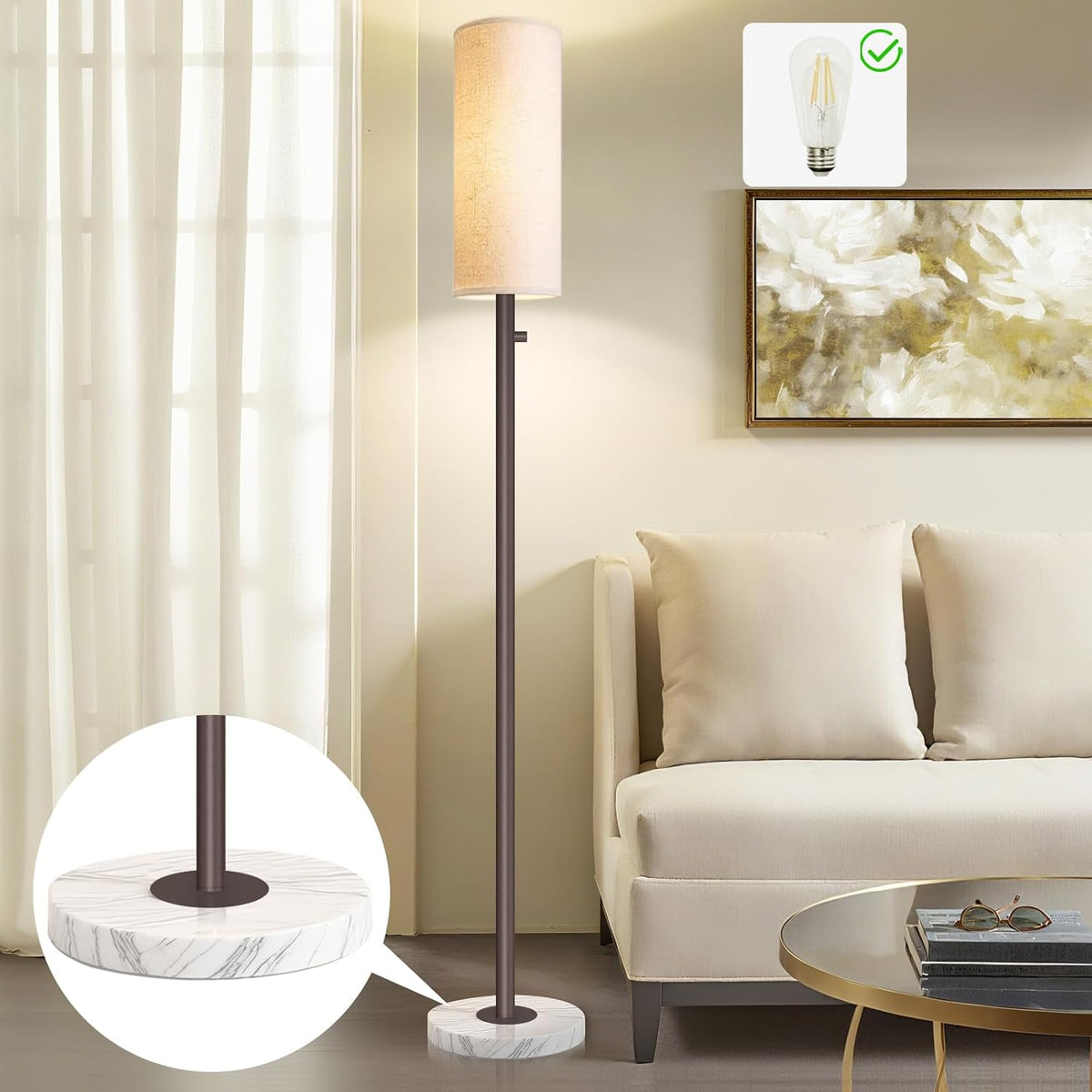 Dimmable Gold Floor Lamp for Living Room,Modern Standing Lamp with Marble Base,LED Bulb Included,Floor Lamps for Bedroom, Living Room,Office,Reading and Nursery(Brown Floor Lamp)