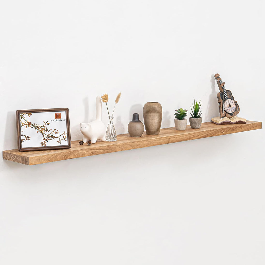 55 Inch Floating Shelves for Wall, Elm Wood Floating Shelves for Home Décor, Wall-Mounted Display Shelves with Heavy-Duty Bracket, Live Edge Long Floating Shelf for Kitchen, Living Room, Natural