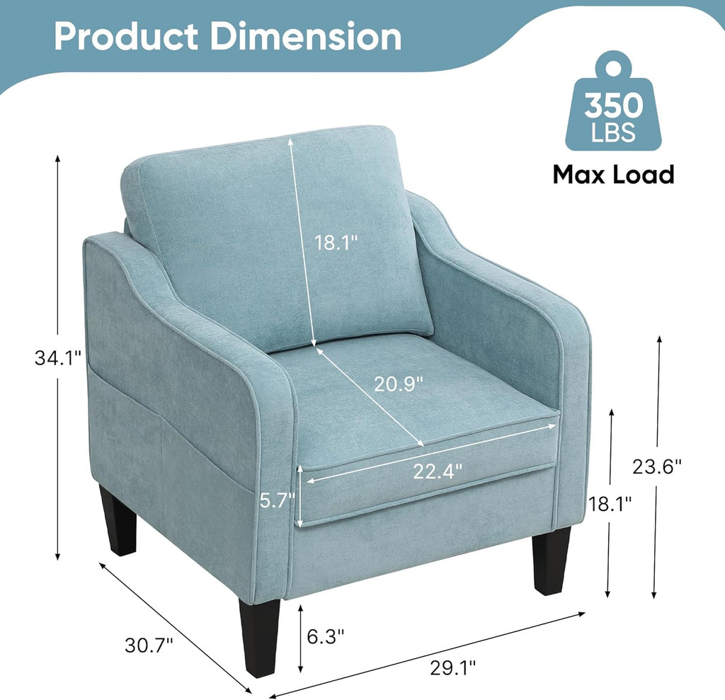 Accent Chairs Set of 2, Upholstered Living Room Chairs with Side Pockets, Mid Century Modern Reading Chair for Bedroom, Comfy Armchair Single Sofa Side Chair for Office, Small Room, Teal Green