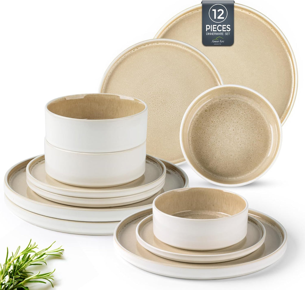 AmorArc Ceramic Dinnerware Sets, Handmade Reactive Glaze Stoneware Plates and Bowls Sets,Highly Chip and Crack Resistant | Dishwasher & Microwave Safe Dishes Set, Service for 4 (12pc)