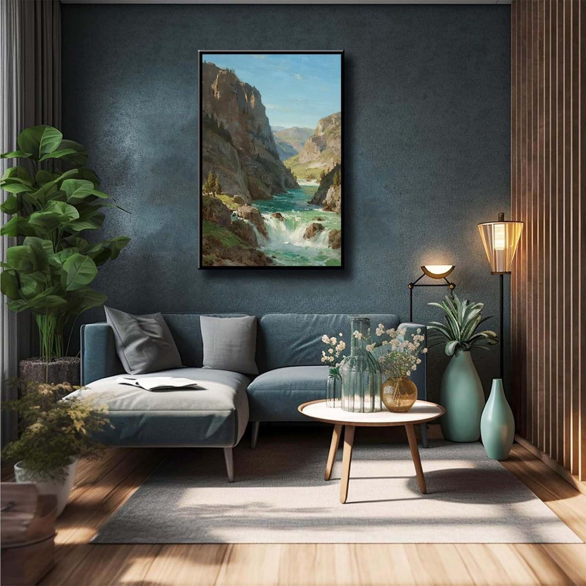 Natural mountain stream scenery poster suitable for bedroom beautiful blue sky flowing river scenery suitable for living room dormitory office