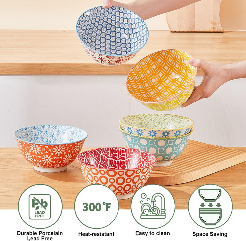 23 OZ Colorful Large Ceramic Bowl Set of 6， 6 inch Deep Porcelain Cereal Bowls for Soup, Salad, Snack and Rice, Dishwasher/Microwave safe