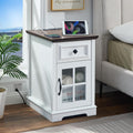 Farmhouse XXL End Table with Charging Station, Side Table with USB Ports and Outlets, Nightstand with Drawer and Glass Door Storage, White Bedside Tables for Living Room, Bedroom, Office
