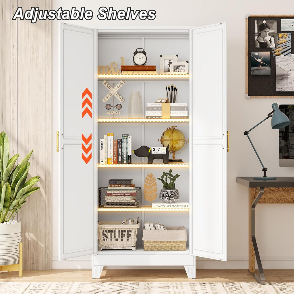 Metal Pantry Cabinet with 2 Doors and Adjustable Shelves - 71" Kitchen Storage Cabinet with Gold Handles - Versatile Storage for Kitchen, Bathroom, Dining Room, Utility Room - White