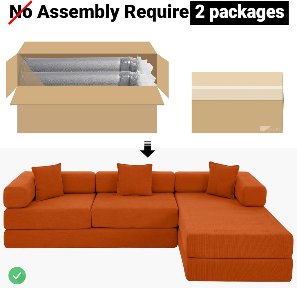 108" Oversized Convertible Sleeper Sofa Bed, Corduroy L Shape Sectional Couch, Folding Sofa Bed with Side Pocket, Modern Cloud Floor Mattress Couch, Modular Sofa for Living Room, Orange