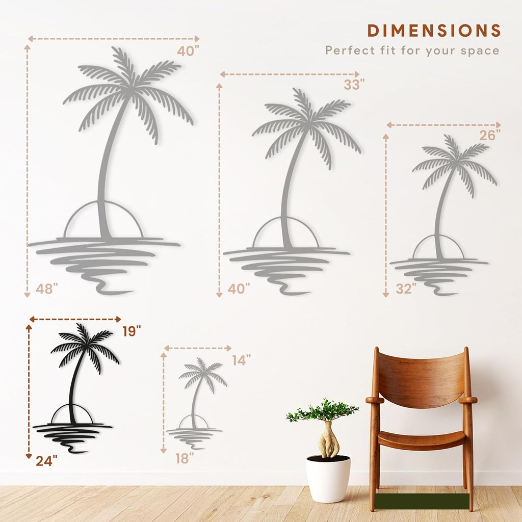 Metal Palm Tree with Sunset Wall Art, Large Outdoor Wall Decor, Tropical Beach Decor for Living Room, Bedroom, Garden Home Wall Sign, Perfect Metal Wall Art for Beach House (Black, 24 x 19 inches)