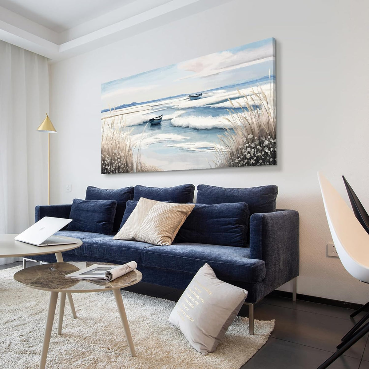amatop Extra Large Wall Art for Living Room –Big Coastal Beach Minimalist Canvas Artwork with Sailboat Ocean Waves and Reeds Nautical Seascape Picture for Bedroom Decor Blue58x29 Inch