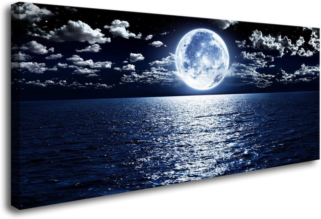 Cao Gen Decor Art S06962 Wall Art Canvas Prints Moon Sea Ocean Landscape 1 Panels Full Moon in Cloud Pictures Paintings Stretched and Framed for Living Room Bedroom Kicthen Office Artwork 24x48inch