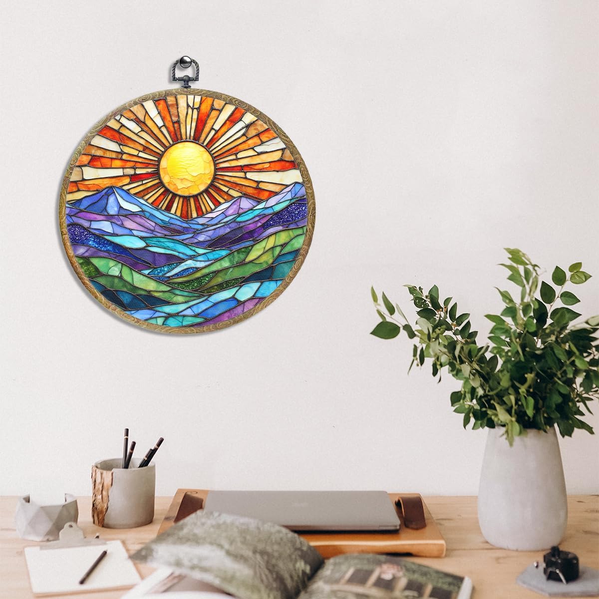 Colorful Mountain Sunset Bohemian Style Rainbow Sunrise Art Gift Framed Round Wall Decor Canvas Wall Art Hanging Prints Artwork for Home Nursery Bedroom Door Office Porch Decorations 10.2X10.2 Inch