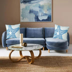 Embroidered Decorative Throw Pillow Cover, 18"x18" Set of 2, Farmhouse Pillowcase Blue Sea Star Knit Pattern Cotton Canvas Cushion Case Square Floral Pillow Case for Sofa Couch Bed Living Room