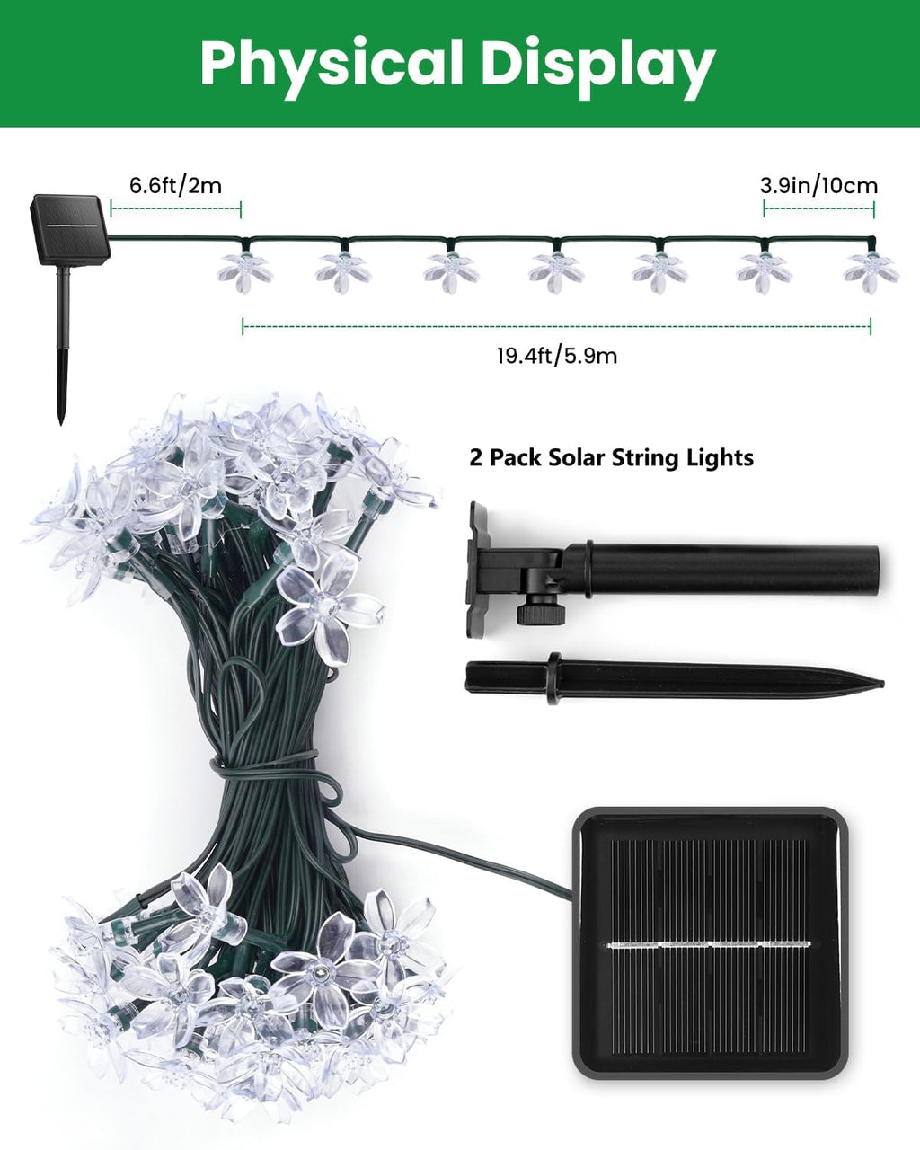 Brightown 2 Pack Total 52FT 120 LED Solar Flower String Lights for Outside Waterproof Fairy Lights for Garden Yard Fence Patio Christmas Tree Wedding Party Decor, Green