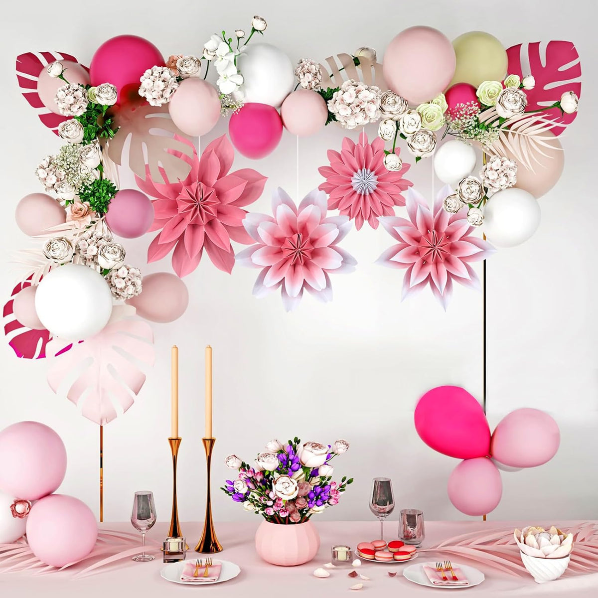 ADLKGG Paper Flower Fan Decorations, Pink Paper Fan Flower Wall Background for Classroom Decor, Tea Party, Spring Summer Party, Birthday, Baby Shower, Wedding, Nursery Decoration, Set of 4