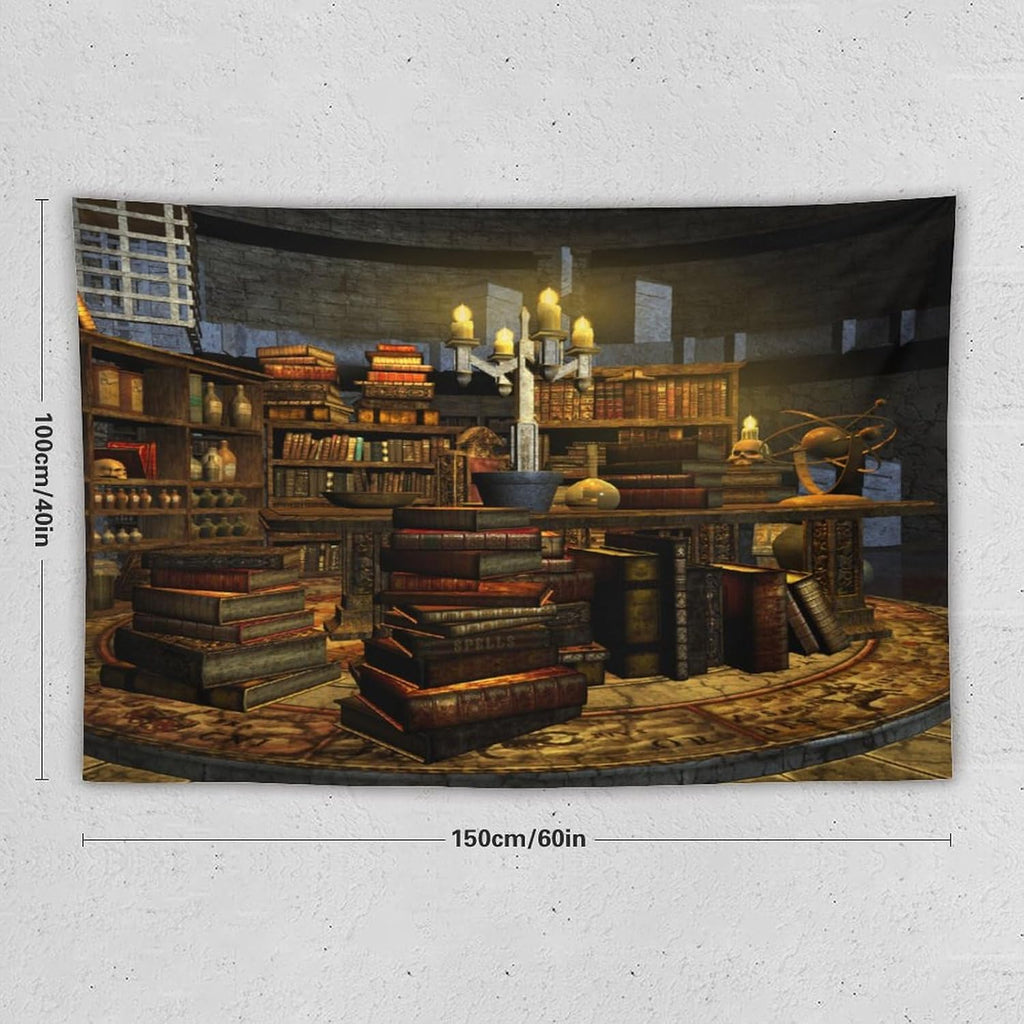 Kurtect Library Tapestry,Vintage Medieval Bookshelf Wooden Bookcase Antique Magic Art Tapestries for Party Beach Picnic Blankets Tablecloths Living Room Wall Deocr, 40x60 in