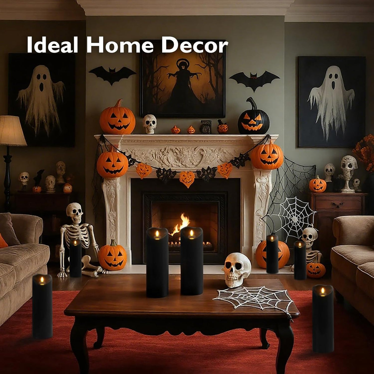 Homemory 4"x12" Black Flameless Candles, Halloween Candles, Outdoor Waterproof Flameless Candles with Remote and Timers, Gothic, Battery Operated LED Pillar Candles, Won't Melt Plastic, 2Pack