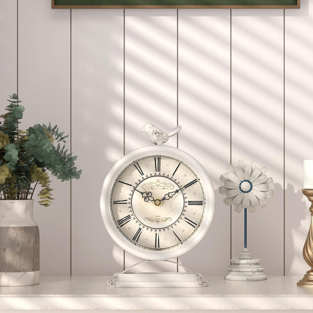 Vintage Table Clock with Bird, European Antique Style White Mantel Clocks, Desk and Shelf Decor Clock, for Farmhouse, Bedside, Living Room, Bedroom, Gift (9" H x 6.5" W)