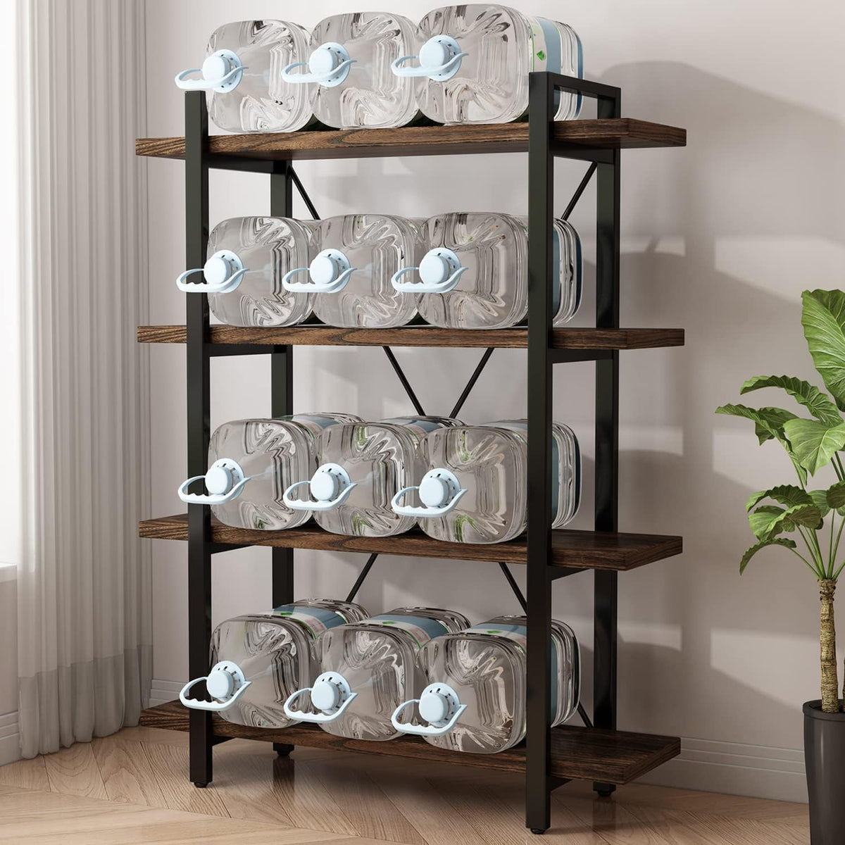 4 Tier Bookshelf Solid Wood Bookcase and Book Shelves Wood and Metal Shelving Rustic Open Bookshelf Office,Distressed Brown (AY-02-4Tier)