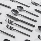 KINGSTONE 60 Pcs Black Hammered Silverware Set for 12, 18/10 Stainless Steel Heavy Duty Flatware Set, Tableware Cutlery Utensil Sets for Home Restaurant Dishwasher Safe