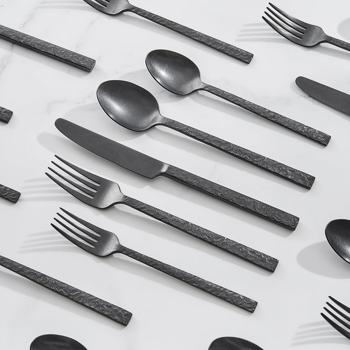 KINGSTONE 60 Pcs Black Hammered Silverware Set for 12, 18/10 Stainless Steel Heavy Duty Flatware Set, Tableware Cutlery Utensil Sets for Home Restaurant Dishwasher Safe