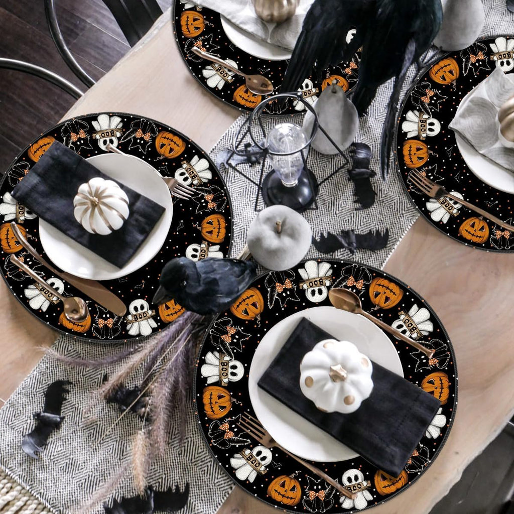 Artoid Mode Ghost Cat Halloween Round Placemats Set of 4, 14 Inch Table Mats for Party Kitchen Dining