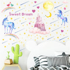 Glow in The Dark Unicorn Castle Wall Decals,Peel and Stick Colorful Unicorn Wall Stickers with Moon Stars Sweet Dream Wall Art for Girls Kids Bedroom Nursery Party Home Decor(Blu-ray)