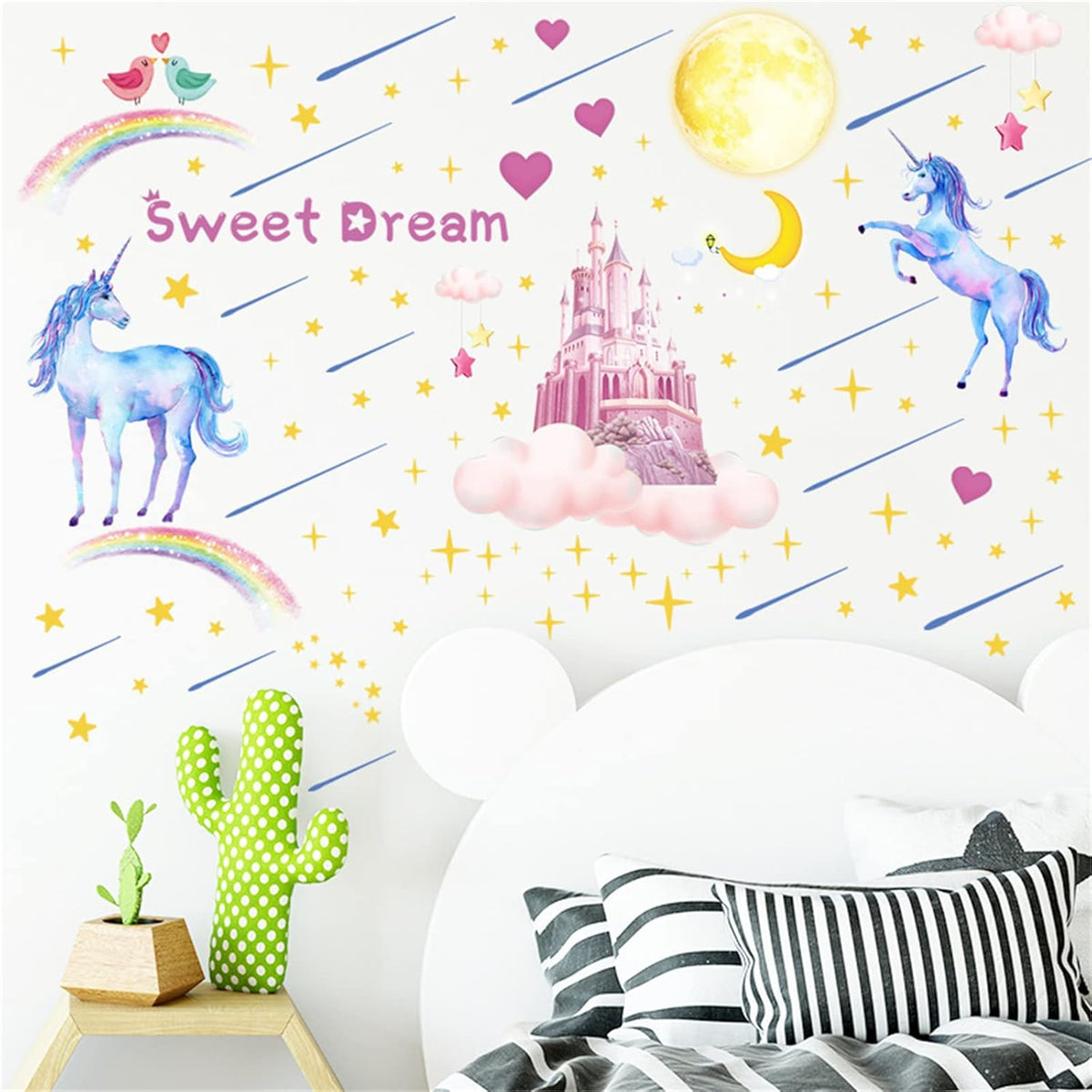 Glow in The Dark Unicorn Castle Wall Decals,Peel and Stick Colorful Unicorn Wall Stickers with Moon Stars Sweet Dream Wall Art for Girls Kids Bedroom Nursery Party Home Decor(Blu-ray)