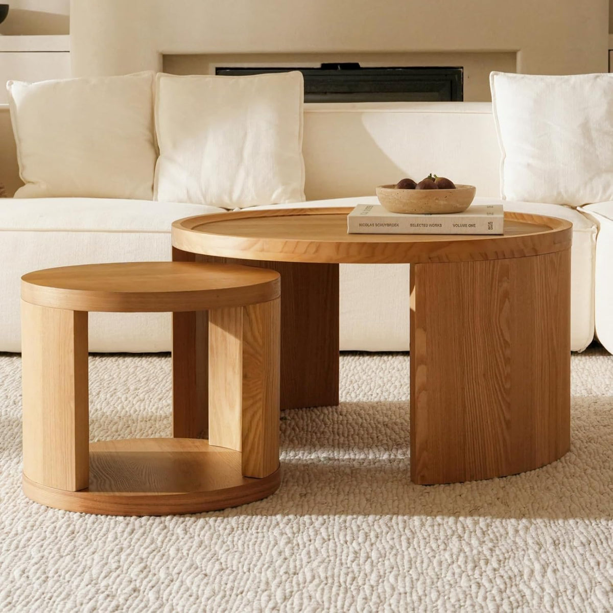 Round Nesting Coffee Table Set of 2,31.5" Large & 18" Small Low Tables with Wood Look Top,Space-Saving Side Tables for Living Room,Bedroom,Office,Minimalist Center Table Set (Brown, L+S)