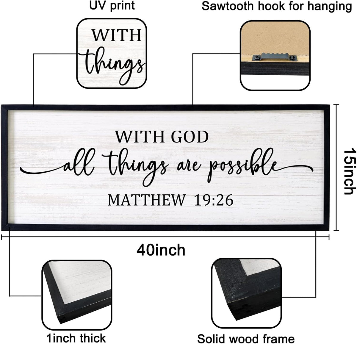 With God All Things are Possible Framed Wall Art, 40''×15'' Positive Holy Religious Rustic Bible Verse for Christian God Jesus Christ Prayer, Vintage Horizontal Inspirational Catholic Scripture Decor