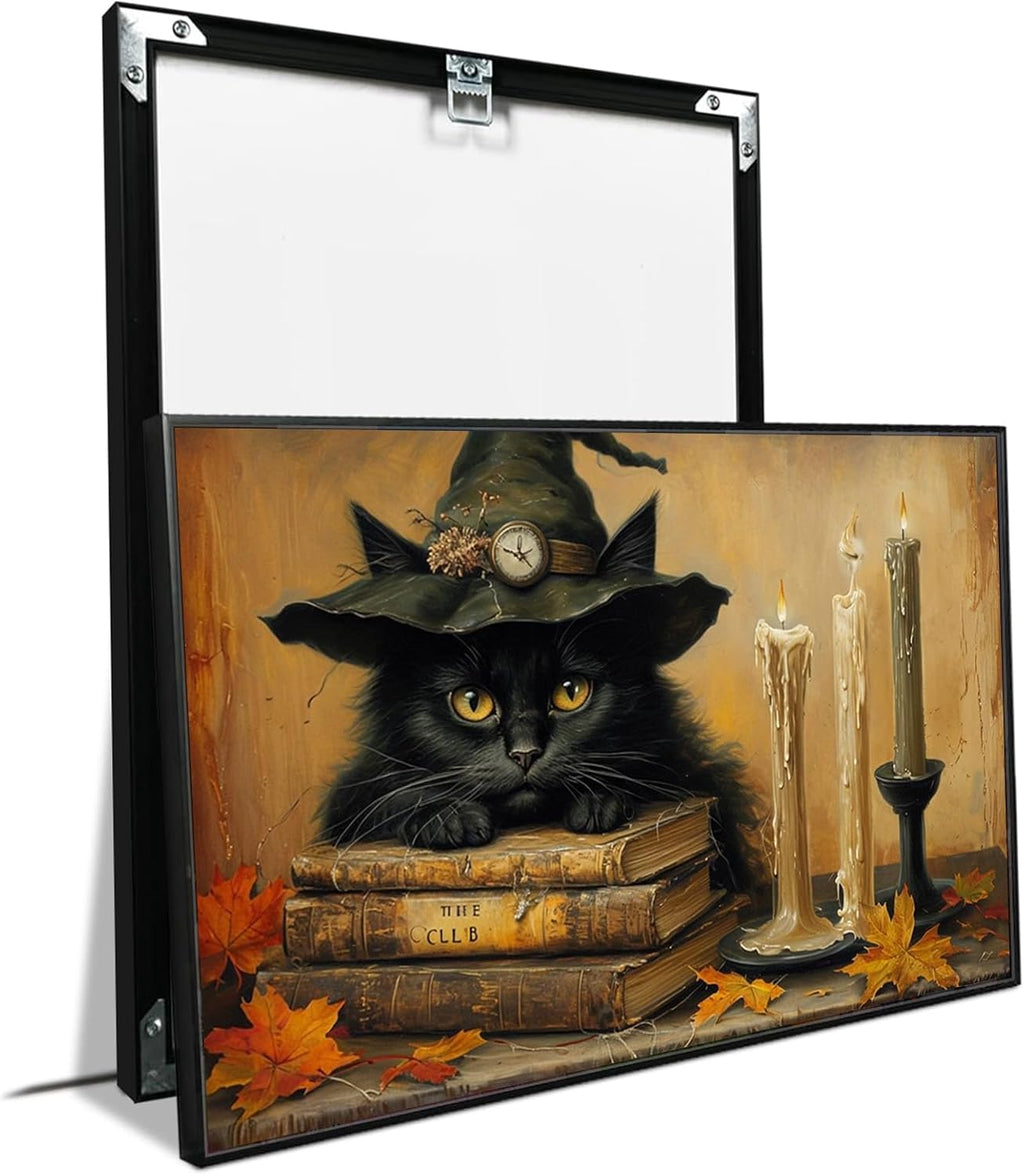 JFHCQJPK Vintage Halloween wall decoration black cat and magic book suitable for home bedroom living room decoration dark classic art witch wall decoration16x24in Metal blackFramed