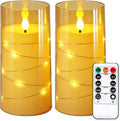 NURADA 3"x6"Flickering Flameless Candles: Built-in Star String Lights Acrylic Battery Operated LED Pillar Candles with Remote and Timer for Romantic Mood Home Decoration - 2 Pack Gold
