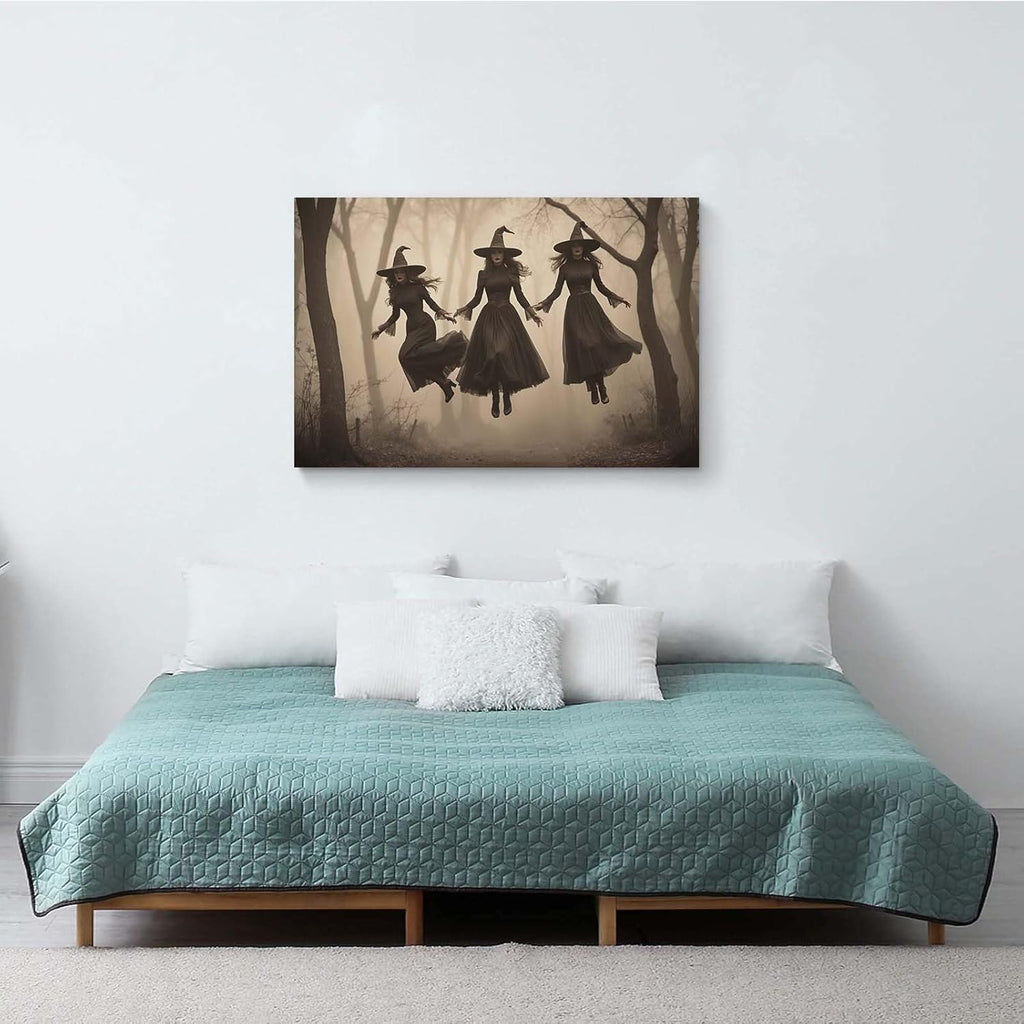 Three ghost witches flying in vintage forest gothic wall art witchcraft decoration holiday gift canvas wall art print16x24in Wood Framed