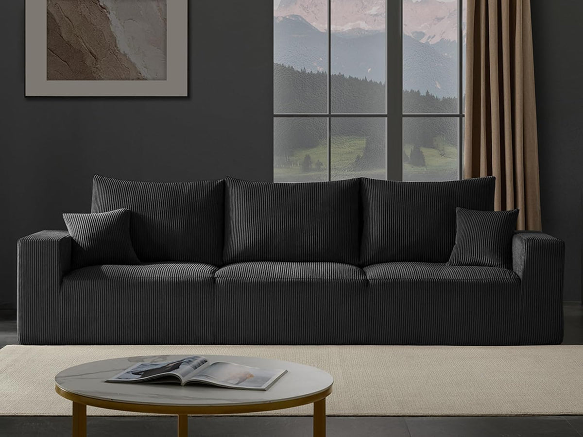 Boneless Cloud Couch Sofa for Living Room, 112" 3 Seater Black Modern Lounge Sleeper Couch, No Assemble, Cordury Compression Upholstered Couches