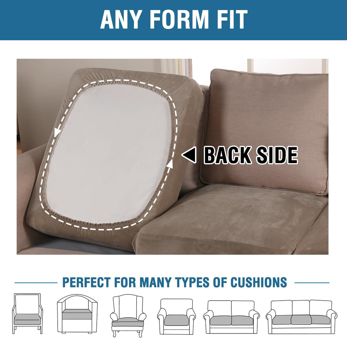 H.VERSAILTEX Velvet Stretch Couch Cushion Cover Plush Cushion Slipcover for Chair Loveseat Sofa Cushion Furniture Protector Seat Cushion Sofa Cover (2 Piece Medium Sofa Cushion Covers, Mocha)