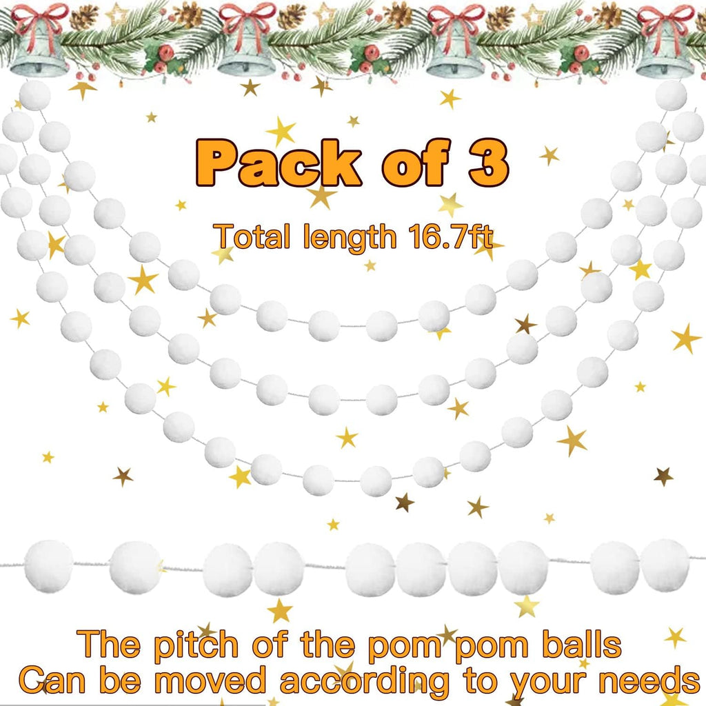 Jishi 3pk White Felt Pom Pom Garland Christmas Tree Decorations Indoor Home Decor, Cute Winter Wonderland Snow Ball Ornaments, Hanging String Pompom Snowball Beads, Xmas Holiday Birthday Party Banners