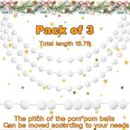 Jishi 3pk White Felt Pom Pom Garland Christmas Tree Decorations Indoor Home Decor, Cute Winter Wonderland Snow Ball Ornaments, Hanging String Pompom Snowball Beads, Xmas Holiday Birthday Party Banners