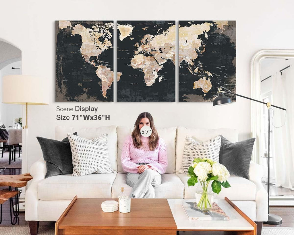 Elixart Wall Decor Living Room Canvas Wall Art Framed Black Kitchen Pictures Office Decorations For Work Vintage Home Decor Map Artwork Painting Oversize Large