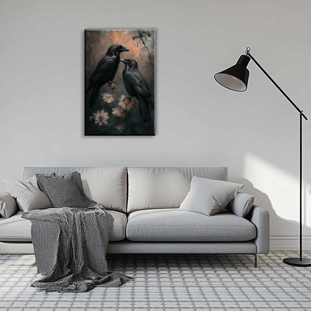 OAAPITI Birds Canvas Wall Art Black Couple Crow Picture Print Vintage Gothic Raven Artwork for Living Room Halloween Home Wall Decor(Artwork-7,28"x42")
