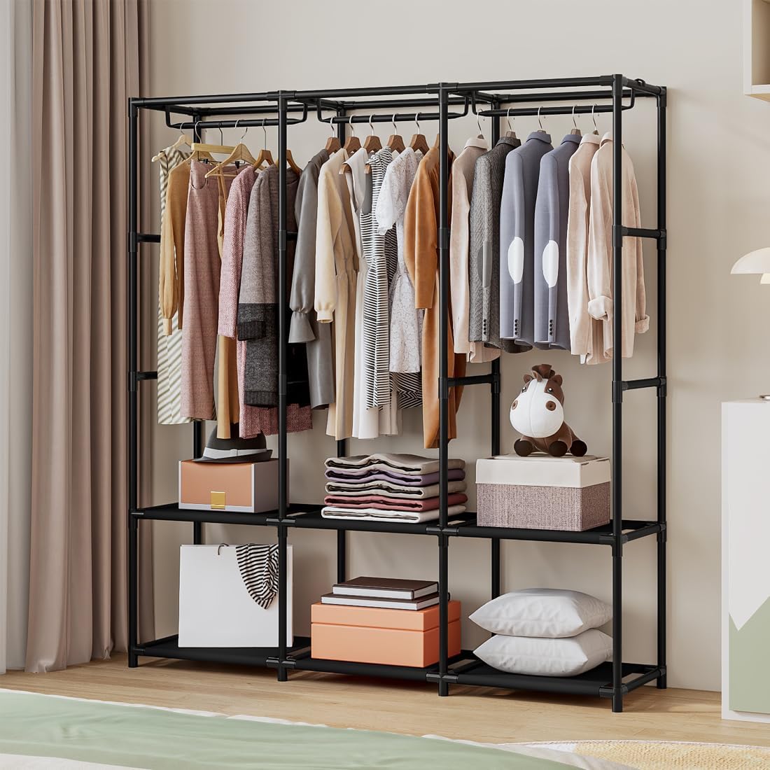 SORCEDAS Portable Closet Wardrobe Storage Organizer Metal Hanging Rack Non-Woven Fabric 50 Inch (Black)