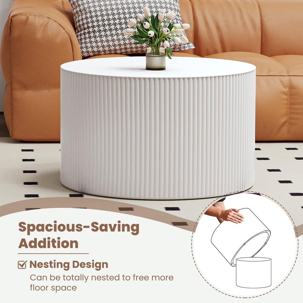 Round Nesting Coffee Table Wood Drum Nesting Tables Modern Stacking Coffee Table Set of 2 Fluted Center Table End Table for Living Room Home Office Small Spaces, No Assembling (White Large)